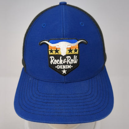 Rock & Roll Denim Patch Snapback Trucker Hat Blue One Size Mesh Back