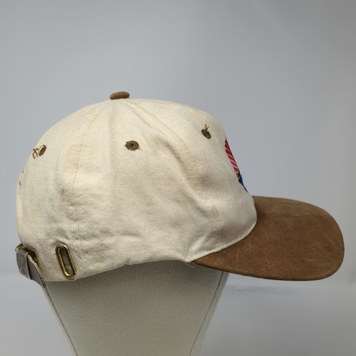 KC Baseball Cap Beige Brown Suede Brim Slideback Hat Embroidered Cat Pyramid
