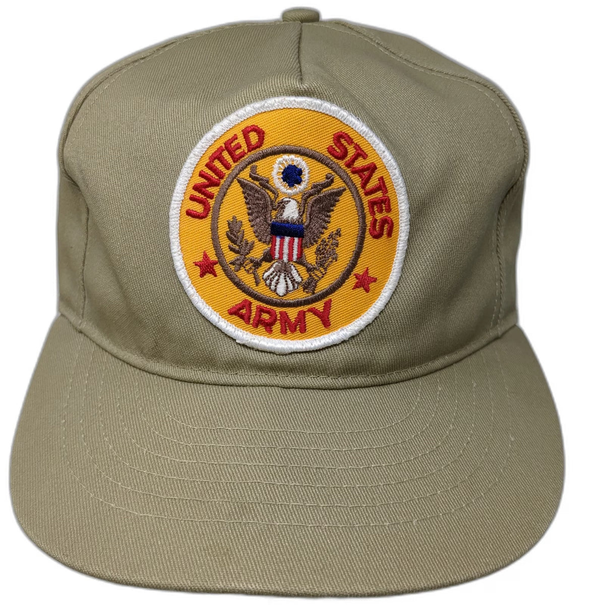 Beige 5 Panel One Size Hat USA Made Snapback Green Underbrim Army Patch Eagle