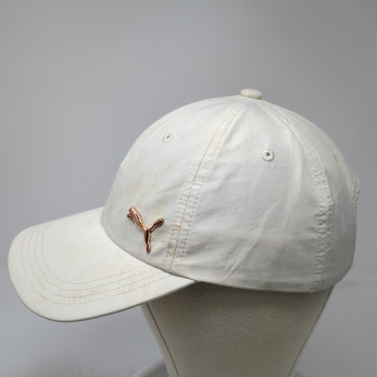 Puma Baseball Cap White One Size Gold Metallic Logo Slideback Polyester OSFA Hat