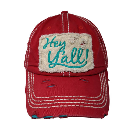 Hey Y'All Strapback Hat Red One Size Adjustable Embroidered Distressed Cotton