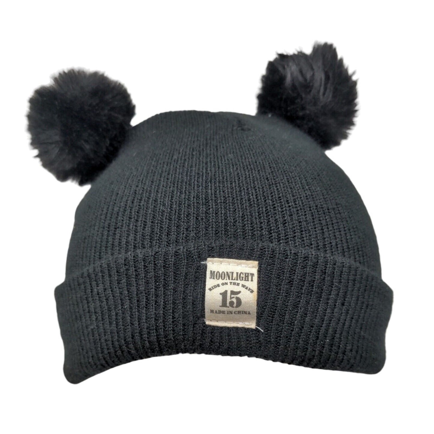 Moonlight Ride on The Wave 15 Beanie Hat Black One Size Knitted Pom Pom Fleece