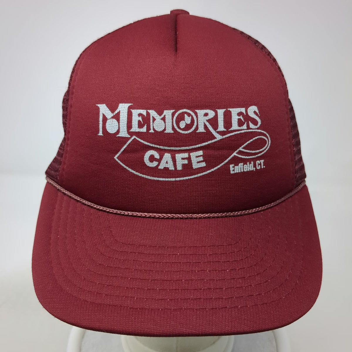 Trucker Hat Red One Size Memories Cafe Enfield CT Music Note Snapback Mesh Foam