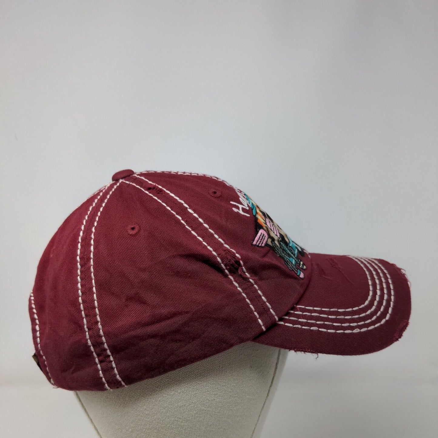 Happy Camper Strapback Hat Red One Size Embroidered Distressed KB ETHOS Vintage