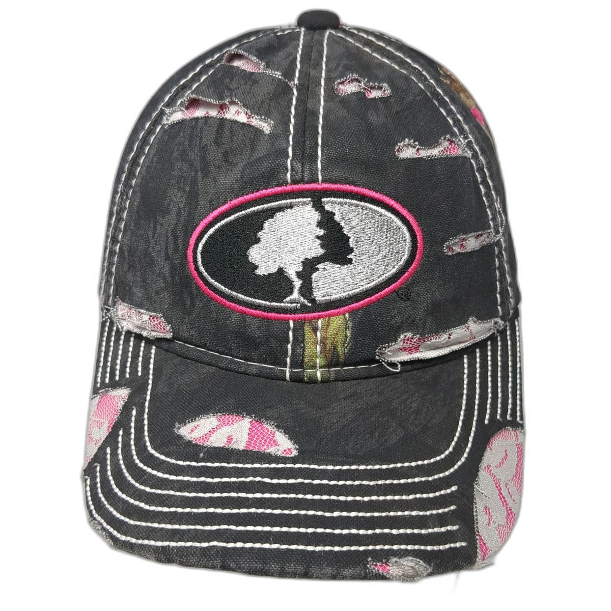 Mossy Oak Baseball Cap Black Pink One Size Distressed Lace Camo Hat Stitching