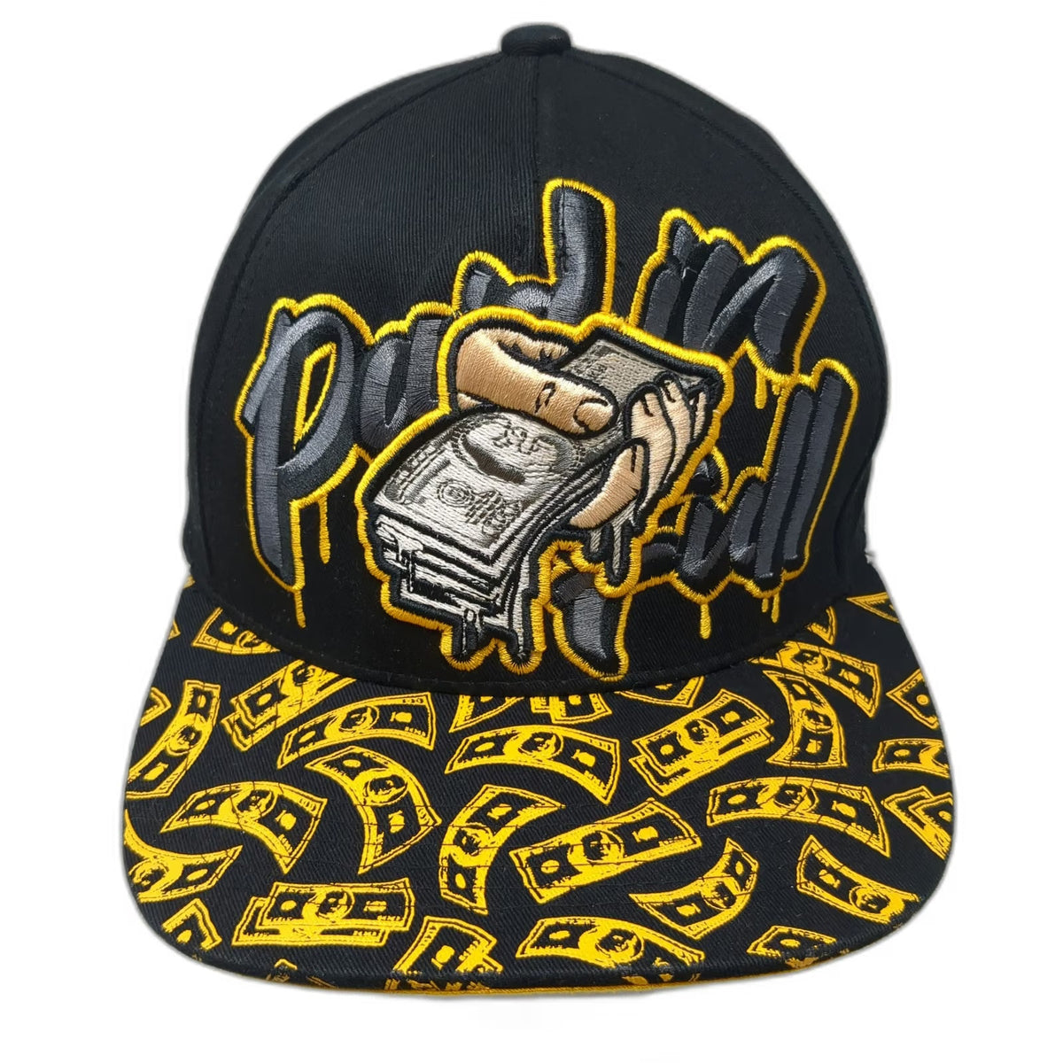Top Level Snapback Black Yellow One Size Hat Paid In Full Money Print Flat Brim