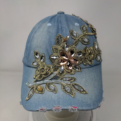 Unbranded Slideback Hat Blue OSFM Leather Strap Embellished Denim