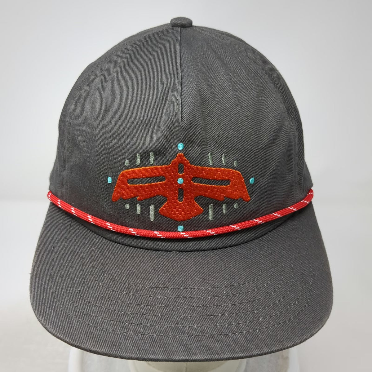 Raised by Coyotes 5 Panel Gray Hat One Size Thunderbird Embroidery Rope Snapback
