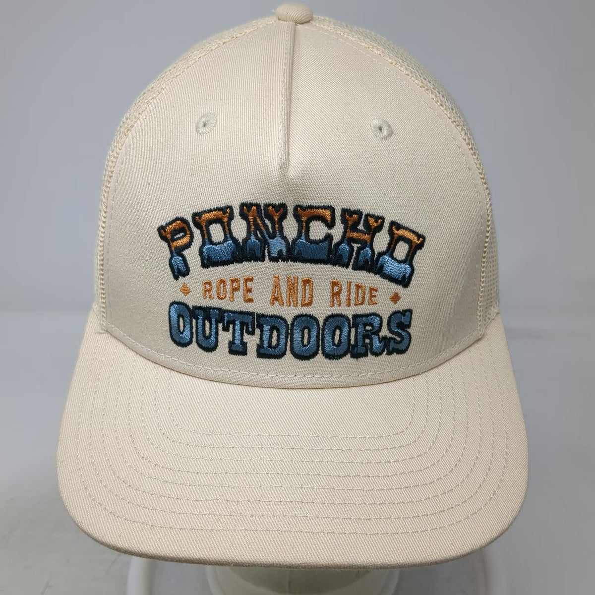 Poncho Outdoors Trucker Hat Beige One Size Mesh Back Blue Orange Rope and Ride