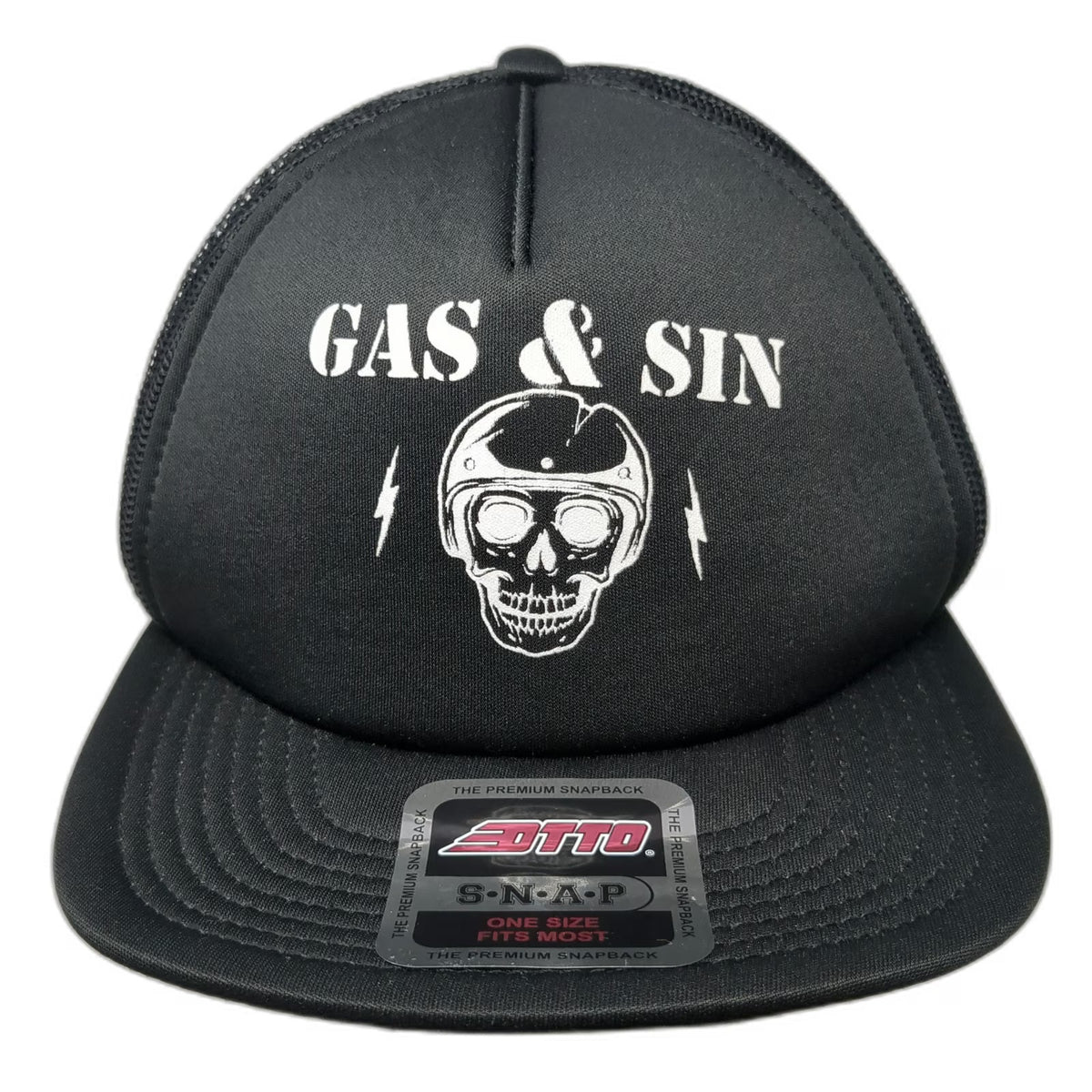 Otto Trucker Hat Black One Size Gas & Sin Skull Helmet Scum Underbrim Snapback