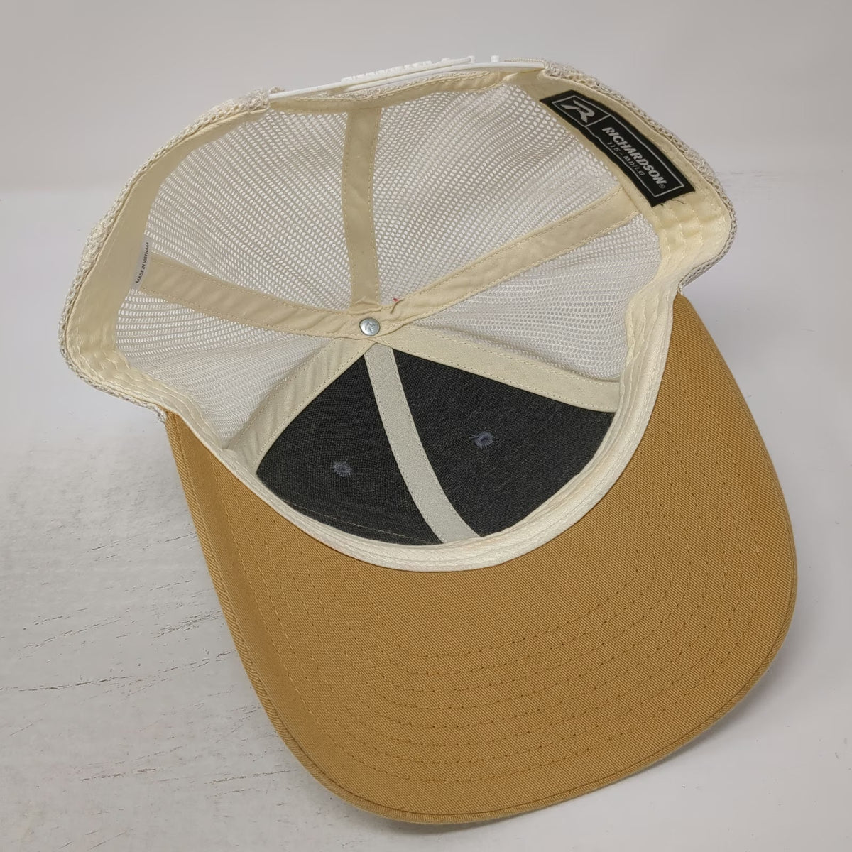 Richardson Trucker Hat Gray Brown Beige L Mesh Snapback Tooled Leather Patch 115