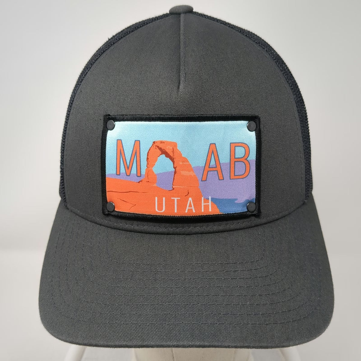 Stryder Trucker Hat Gray One Size Moab Utah Delicate Arch Patch Snapback Mesh