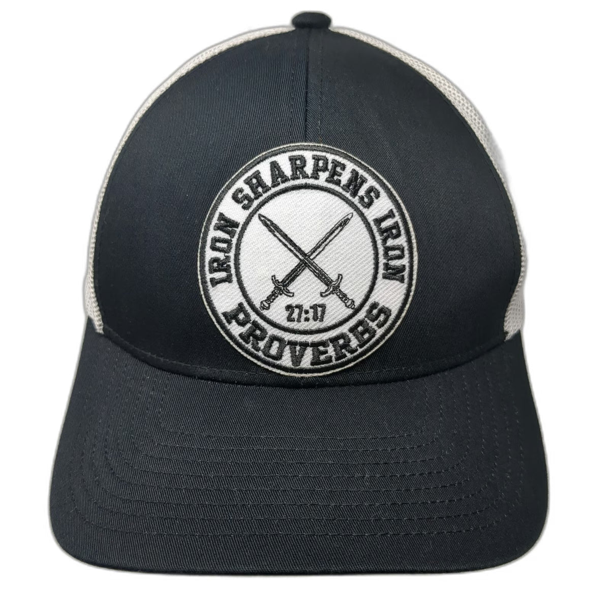 Pacific Headwear Trucker Hat Black White One Size Proverbs 27:17 Crossed Swords