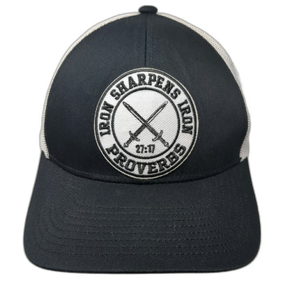Pacific Headwear Trucker Hat Black White One Size Proverbs 27:17 Crossed Swords
