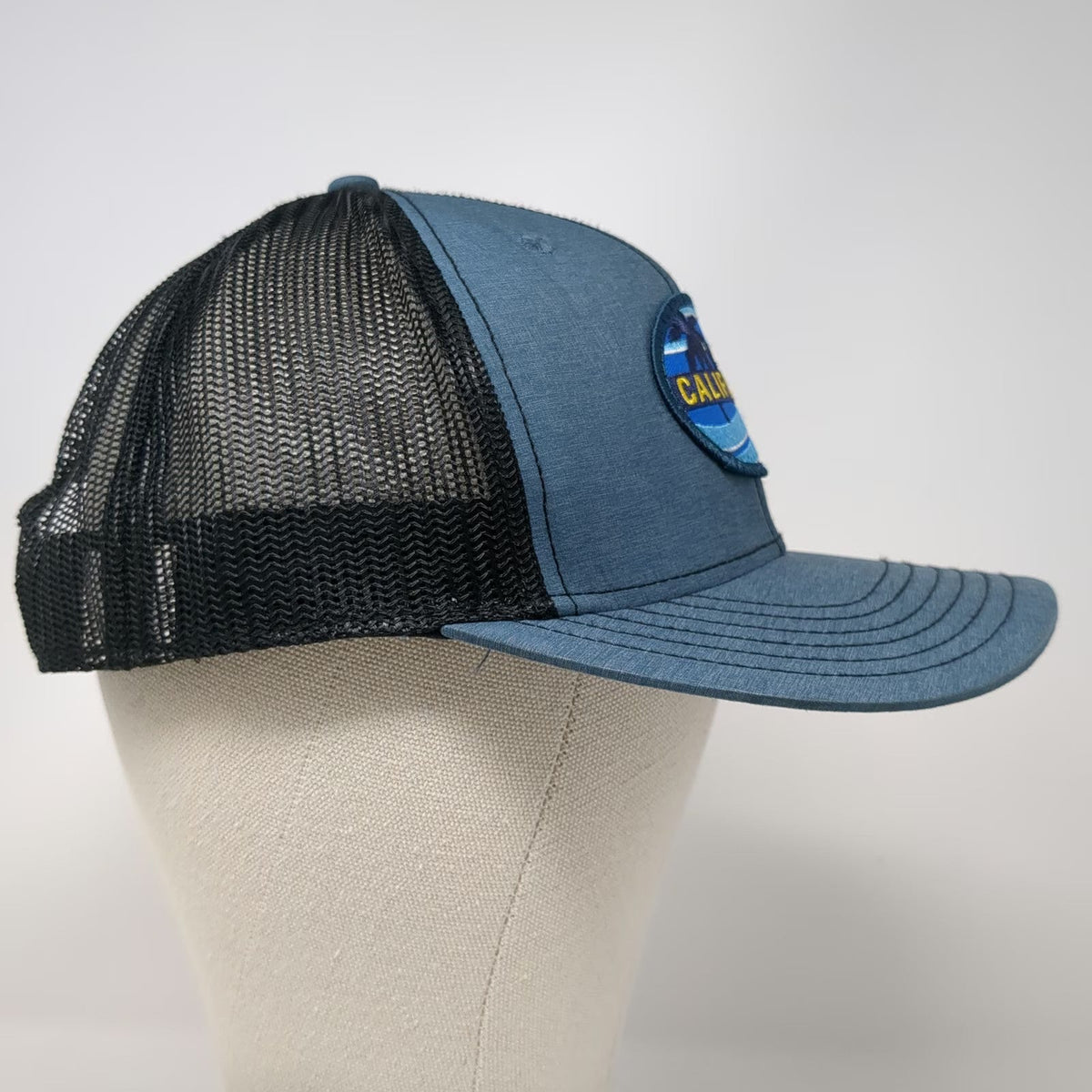 G54 Trucker Hat Blue One Size California Palm Tree Sun Waves Patch Mesh Snapback