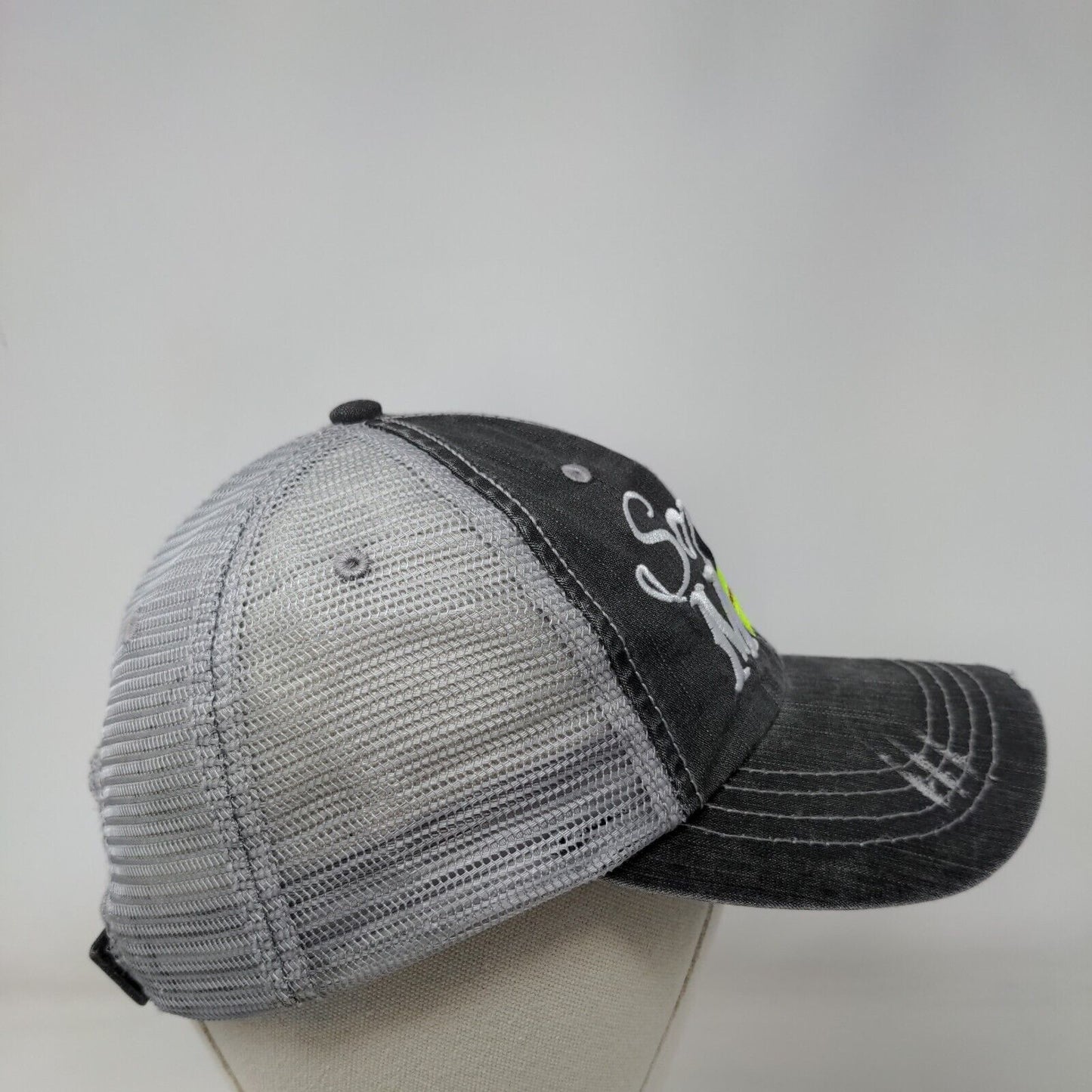 Softball Mom Strapback Trucker Hat Gray OSFA Adjustable Mesh Back Distressed