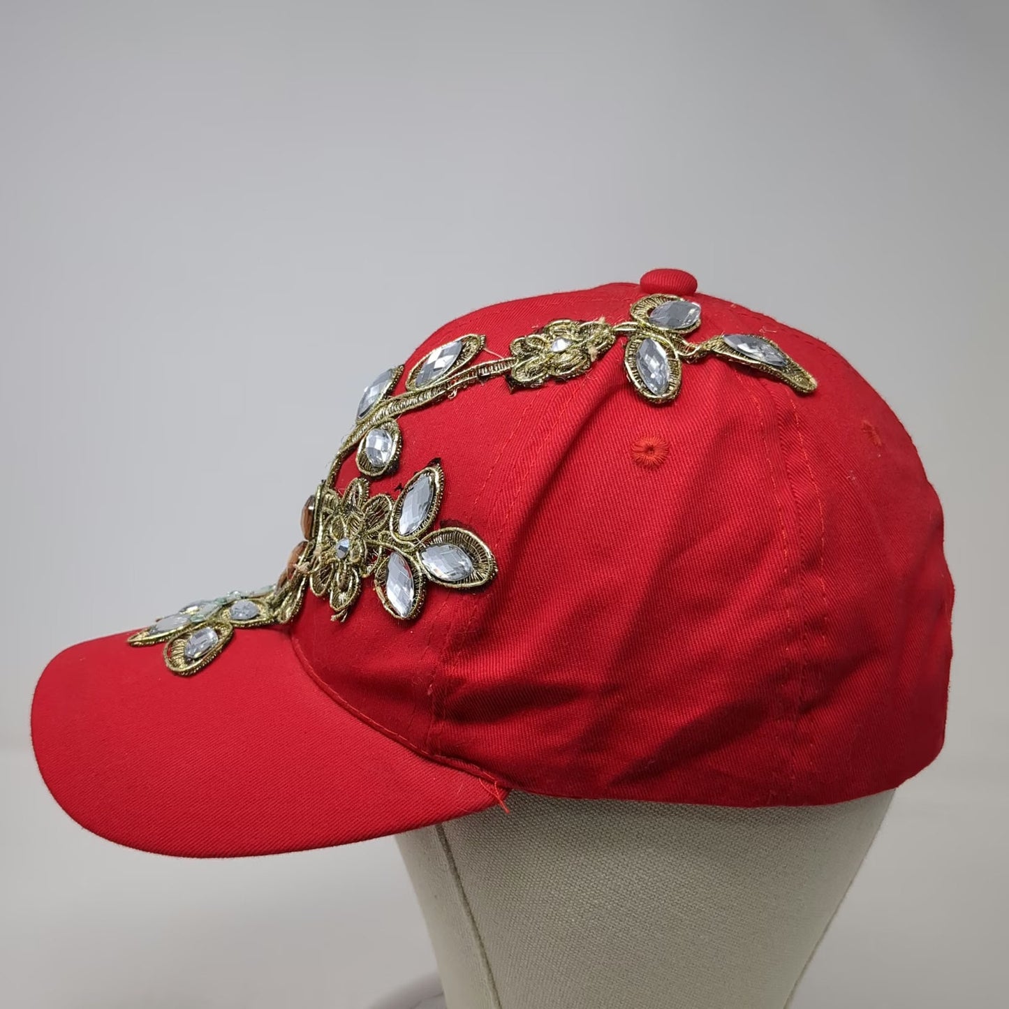 Red Baseball Cap One Size Floral Gold Embroidery Gemstone Rhinestone Hat Bling