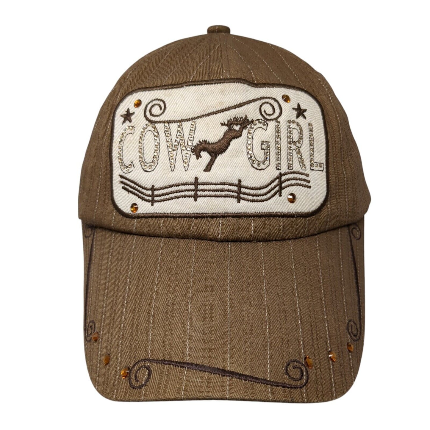 Cow Girl Strapback Hat Brown One Size Adjustable Embroidered Bling W&F Cotton