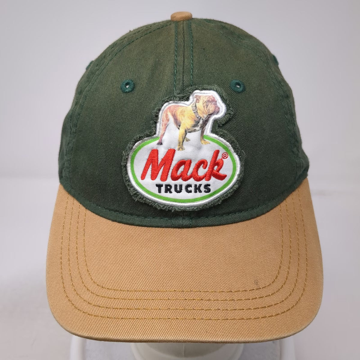 Mack Trucks Baseball Cap Green Beige One Size Bulldog Logo Patch Slideback Hat