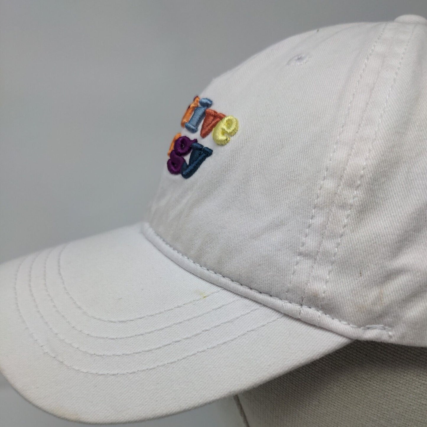 Positive Energy Tie Back Hat White OSFM Embroidered Colorful Font