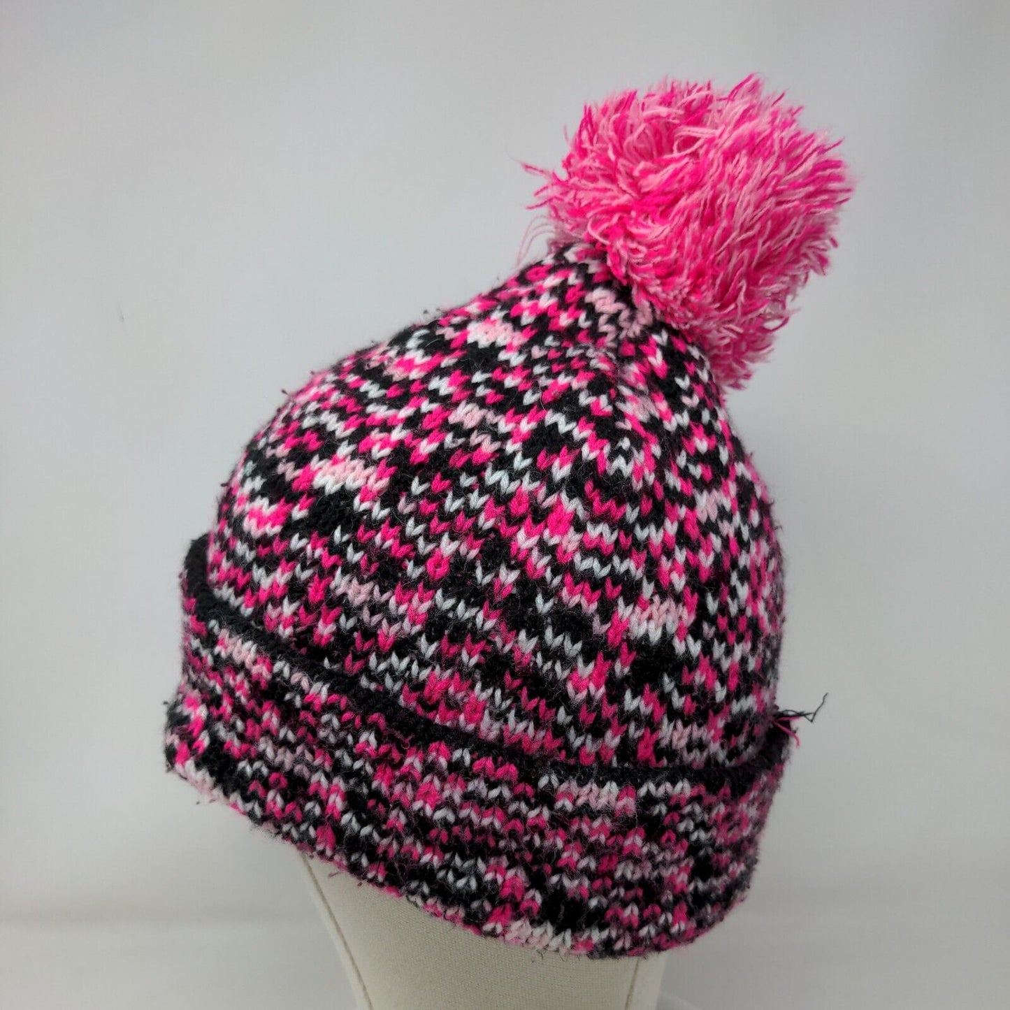Support The Cure Pink Ribbon Knit Pom Pom Beanie Hat Multicolor OSFM