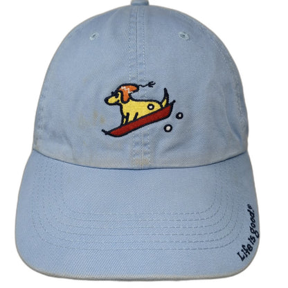 Life is Good Baseball Cap Blue One Size Dog Surfing Embroidered Slideback Hat