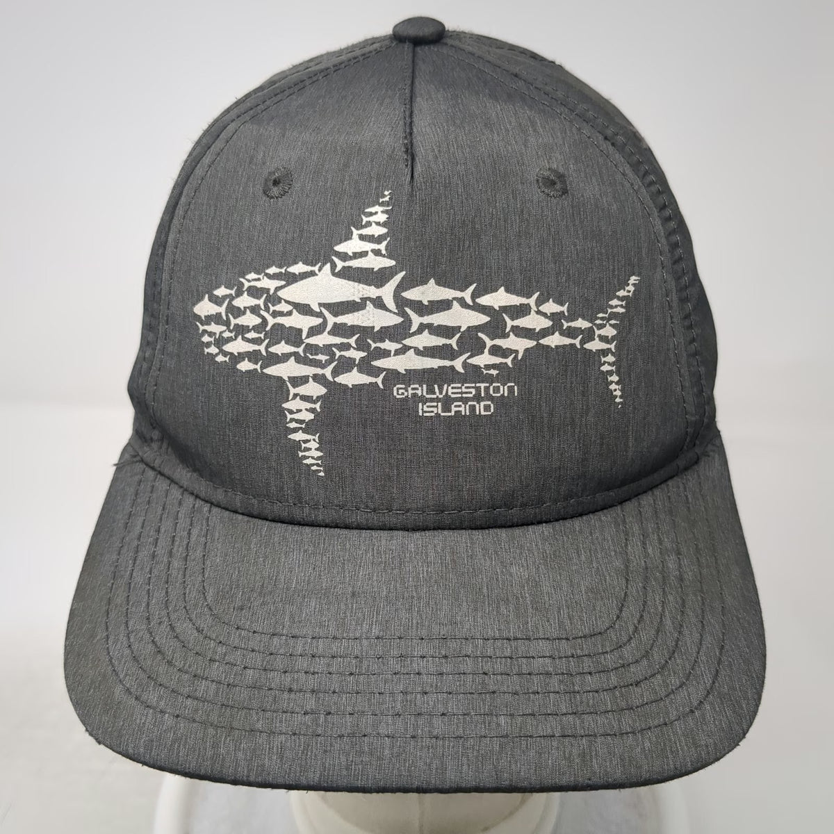 Triangle 5 Panel Gray One Size Hat Galveston Island Shark Fish Graphic Strapback