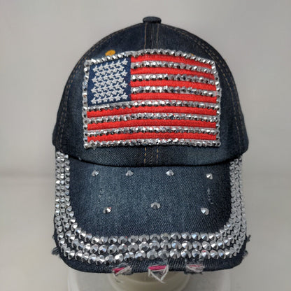 American Flag Bling Slideback Hat Blue One Size Patriotic Distressed Denim