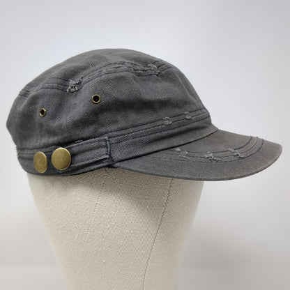 Elastafit Army Cap Gray One Size Frayed Herringbone Side Buttons Cotton Hat
