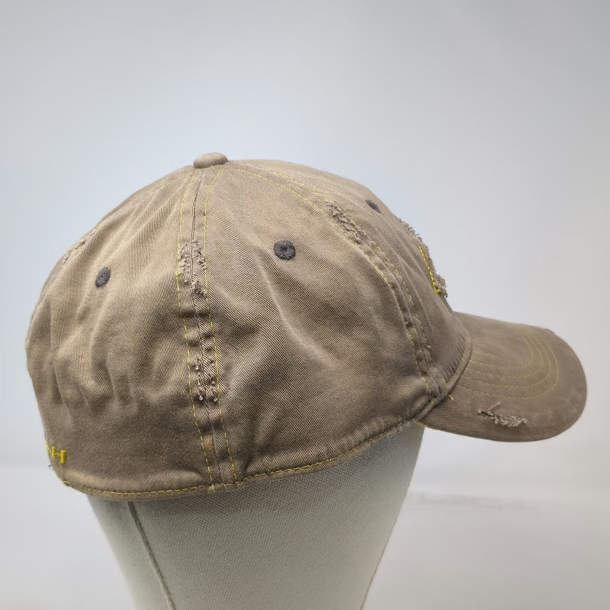 Smith Baseball Cap Brown XL Distressed Yellow Stitching Stretch Fit Logo Hat