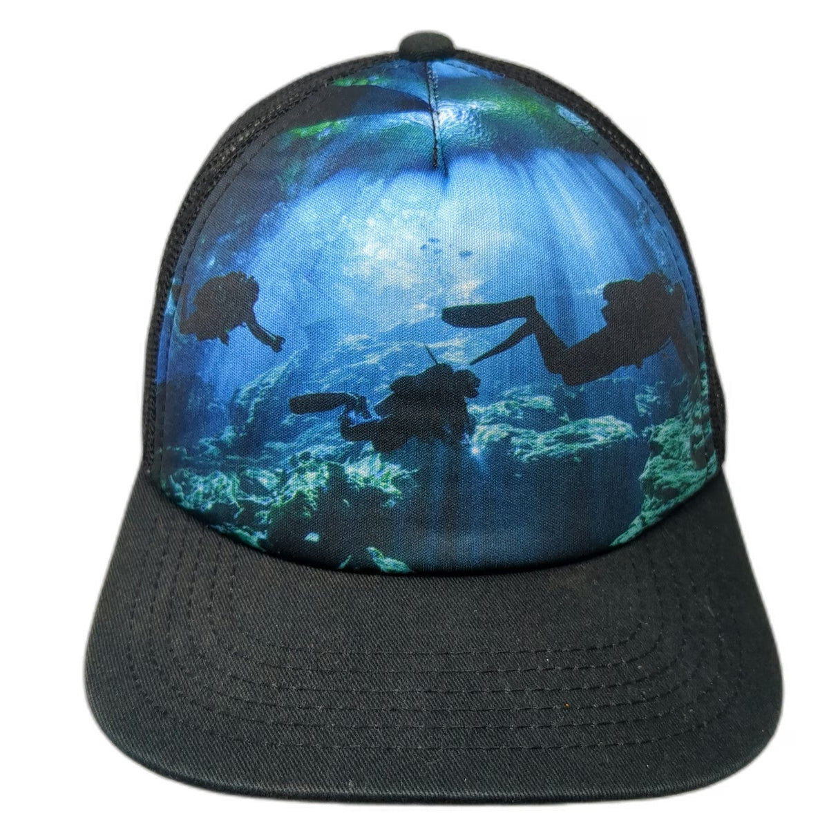 Old Navy Trucker Hat Blue Black One Size Scuba Diver Underwater Graphic Snapback