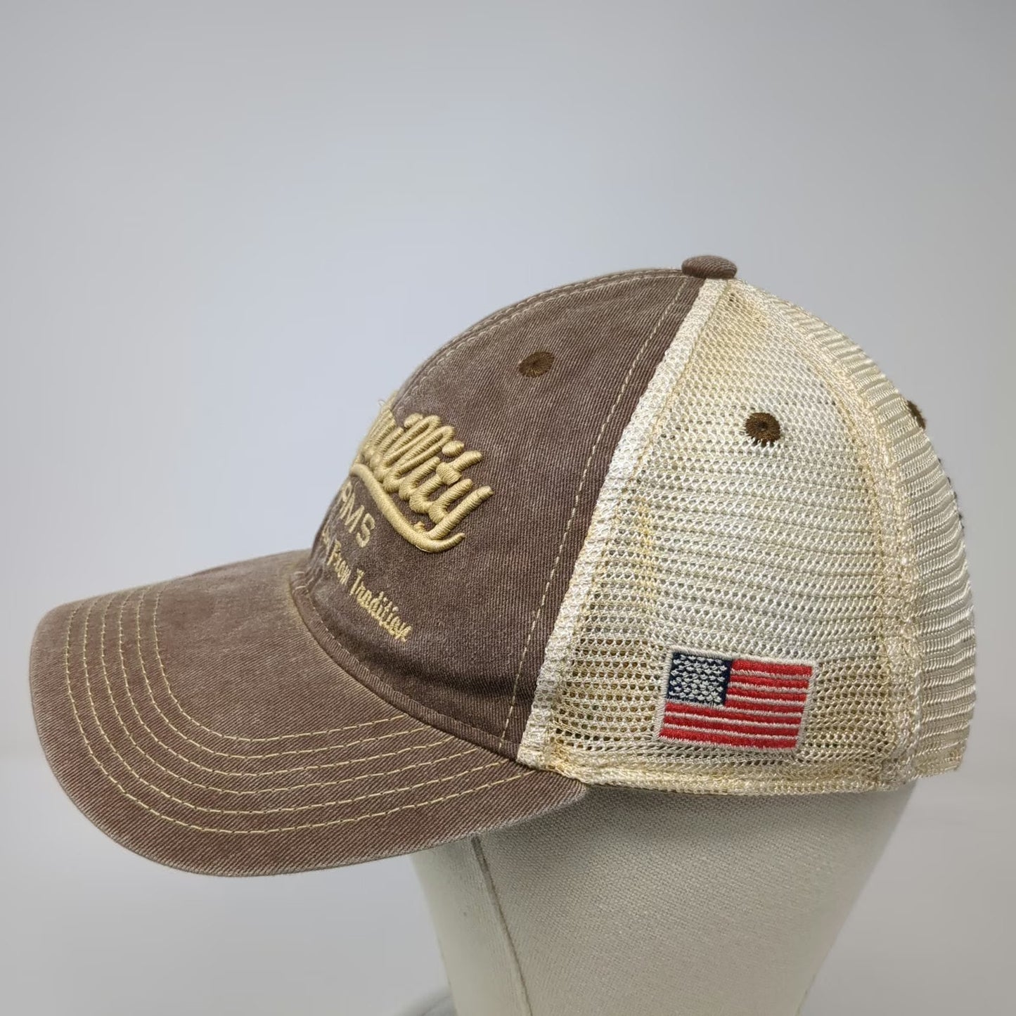 Legacy Trucker Hat Brown One Size Tranquillity Farms Allamuchy NJ American Flag