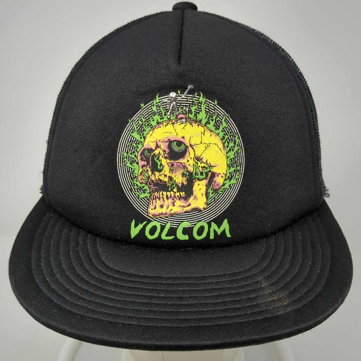 Volcom Trucker Hat Black One Size Skull Graphic Mesh Back Flat Brim Snapback
