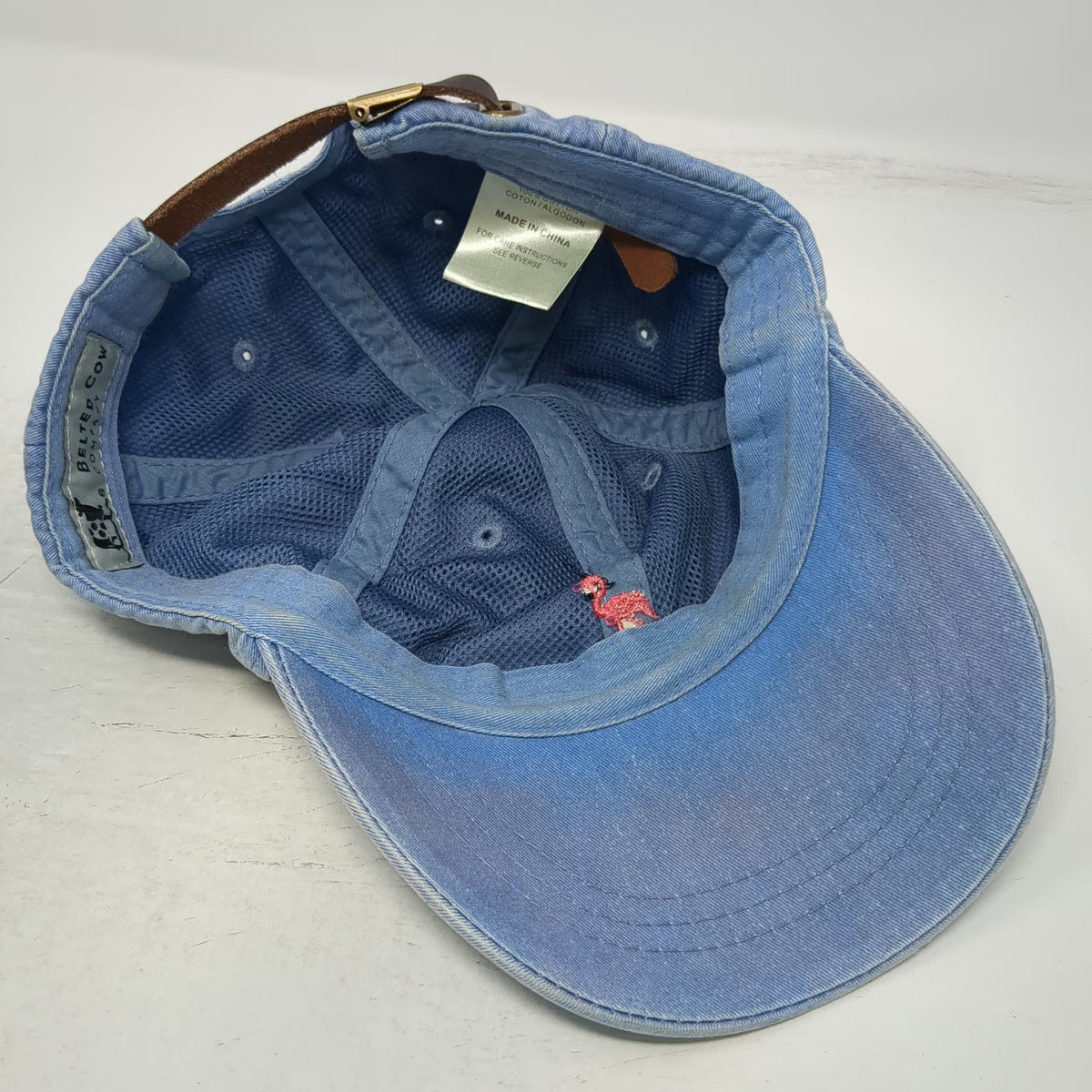 Belted Cow Company Baseball Cap Blue One Size Pink Flamingo Leather Strap Hat