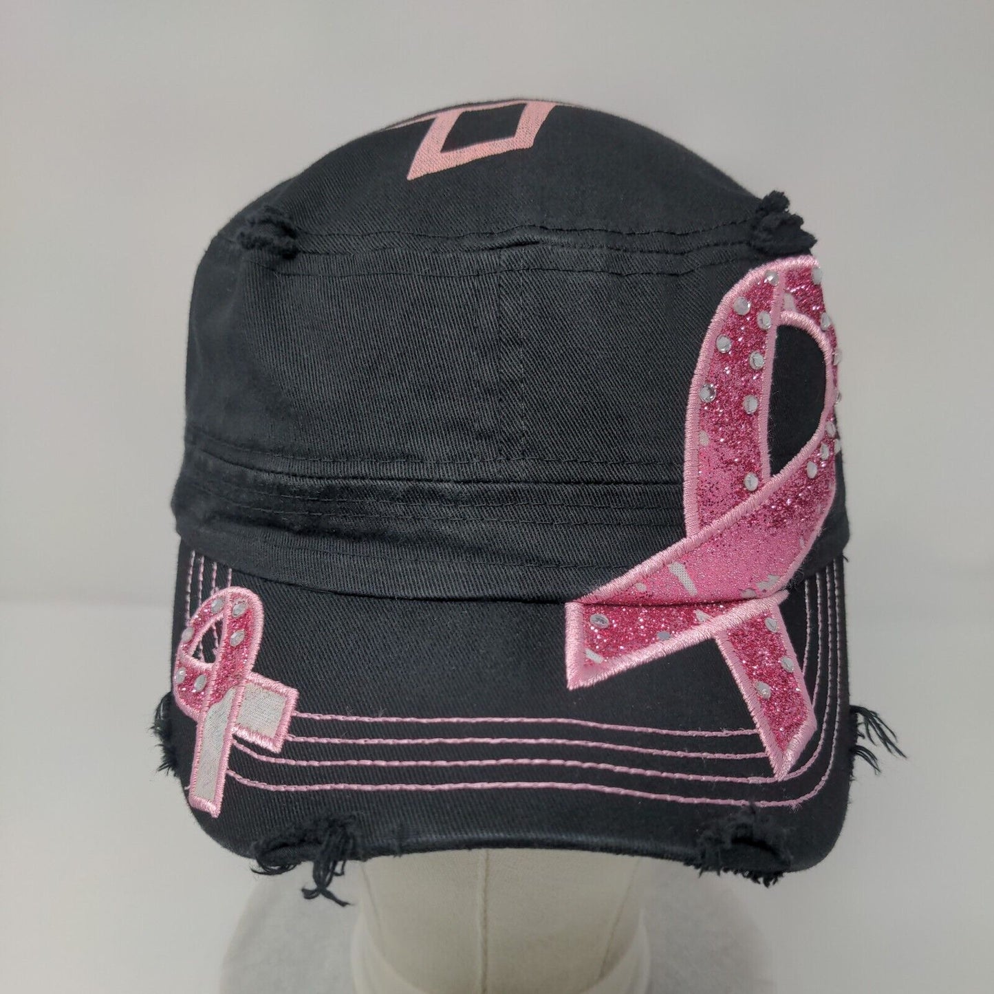 Pink Ribbon Rhinestone Strapback Army Hat Black One Size Pit Bull