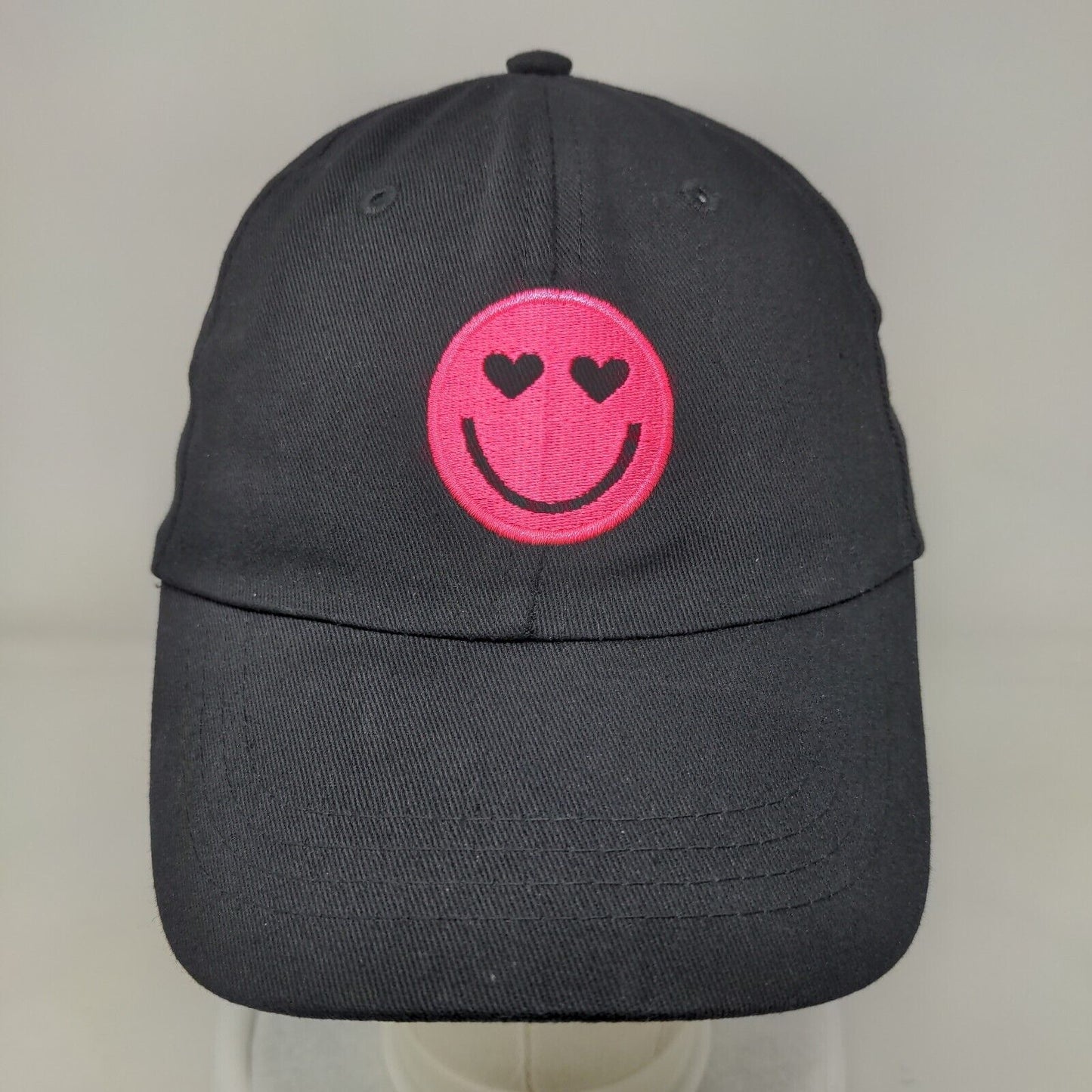 Smiley Face Strapback Hat Black One Size Adjustable Embroidered 6 Panel Cotton