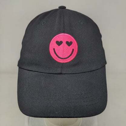 Smiley Face Strapback Hat Black One Size Adjustable Embroidered 6 Panel Cotton