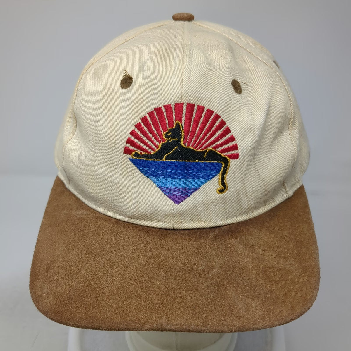 KC Baseball Cap Beige Brown Suede Brim Slideback Hat Embroidered Cat Pyramid