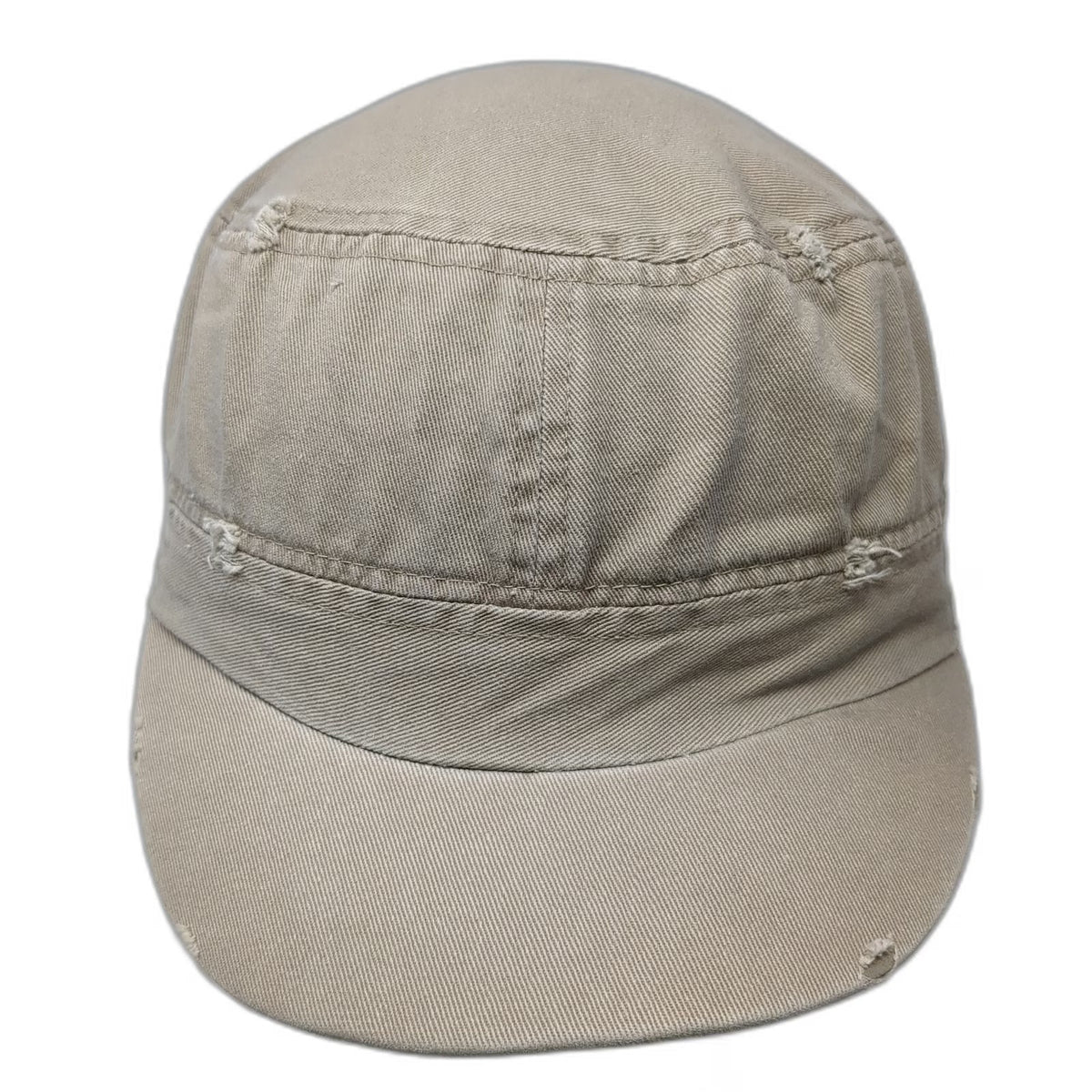 Army Cap Beige One Size Distressed Cadet Style Flat Top Frayed Edge Cotton Hat