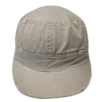 Army Cap Beige One Size Distressed Cadet Style Flat Top Frayed Edge Cotton Hat