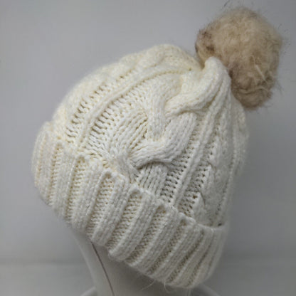 Unbranded Women's Knit Beanie Hat Cable Knit Cream Pom Pom Warm