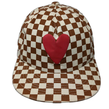 Ascot + Hart Anthropologie 5 Panel Brown Red Heart Checkerboard Hat Strapback