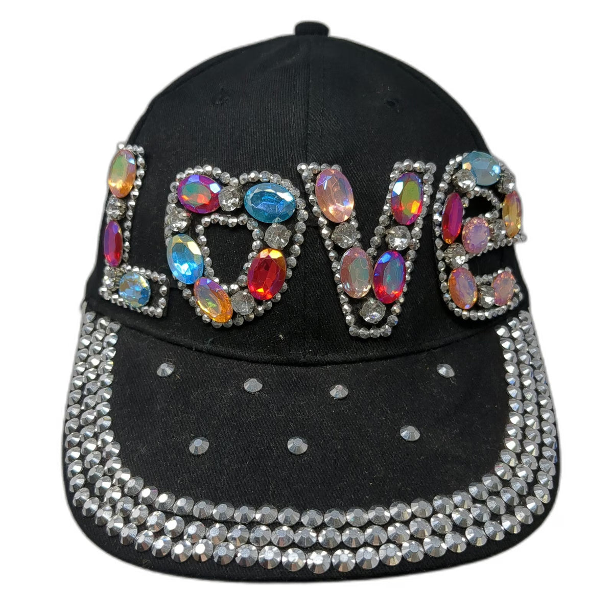 Baseball Cap Black One Size Rhinestone LOVE Gem Brim Strapback Bling Jewels hat
