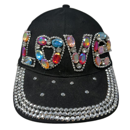 Baseball Cap Black One Size Rhinestone LOVE Gem Brim Strapback Bling Jewels hat