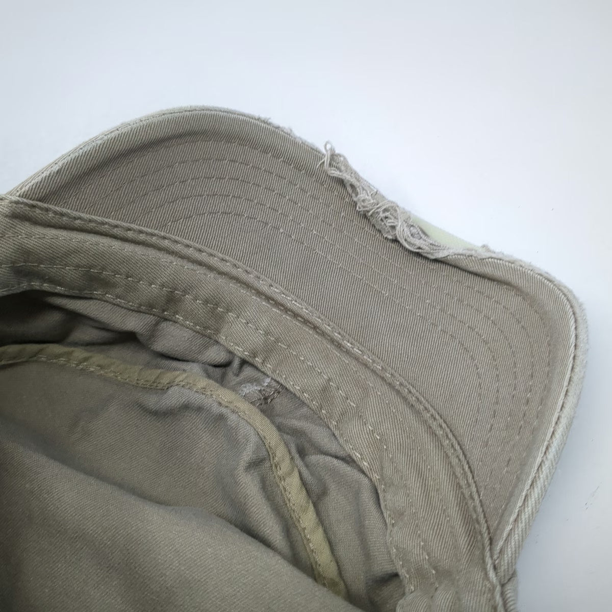 DPC Army Cap Beige One Size Frayed Brim Red Cross Stitch Cotton Twill Hat
