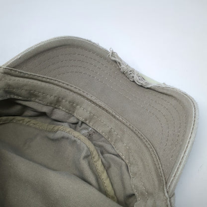 DPC Army Cap Beige One Size Frayed Brim Red Cross Stitch Cotton Twill Hat