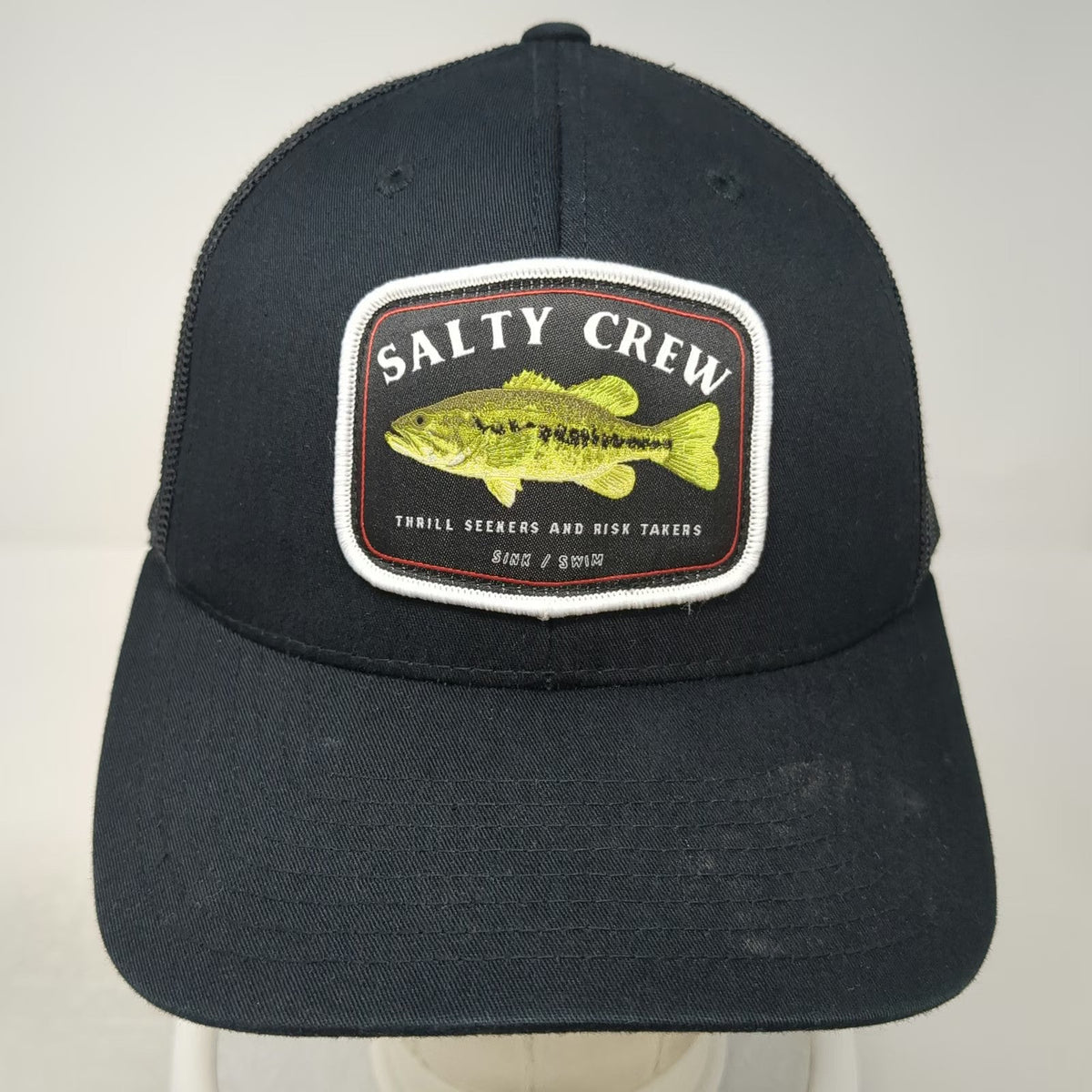 Salty Crew Trucker Hat Black One Size Bass Fish Fishing Patch Mesh Snapback Hat