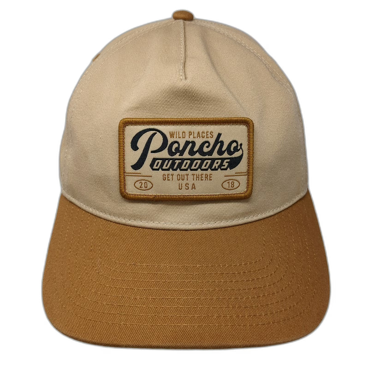 Poncho Outdoors 5 Panel Hat Beige One Size Snapback Brown Bill Cotton Patch