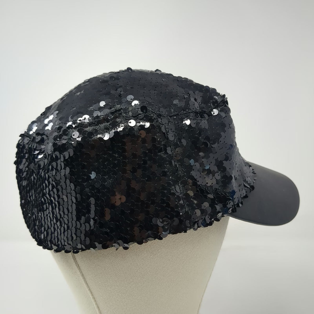 Army Cap Black One Size Sequin Faux Leather Bill Shiny Sparkle Bling Cadet Hat