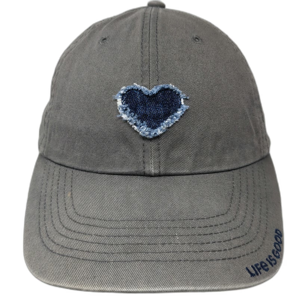 Life is Good Baseball Cap Gray One Size Slideback Blue Heart Patch Cotton Hat
